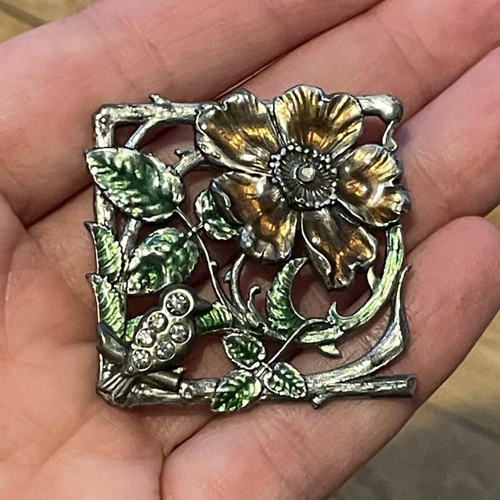 Vintage square Catherine Popesco Silver Floral Brooch